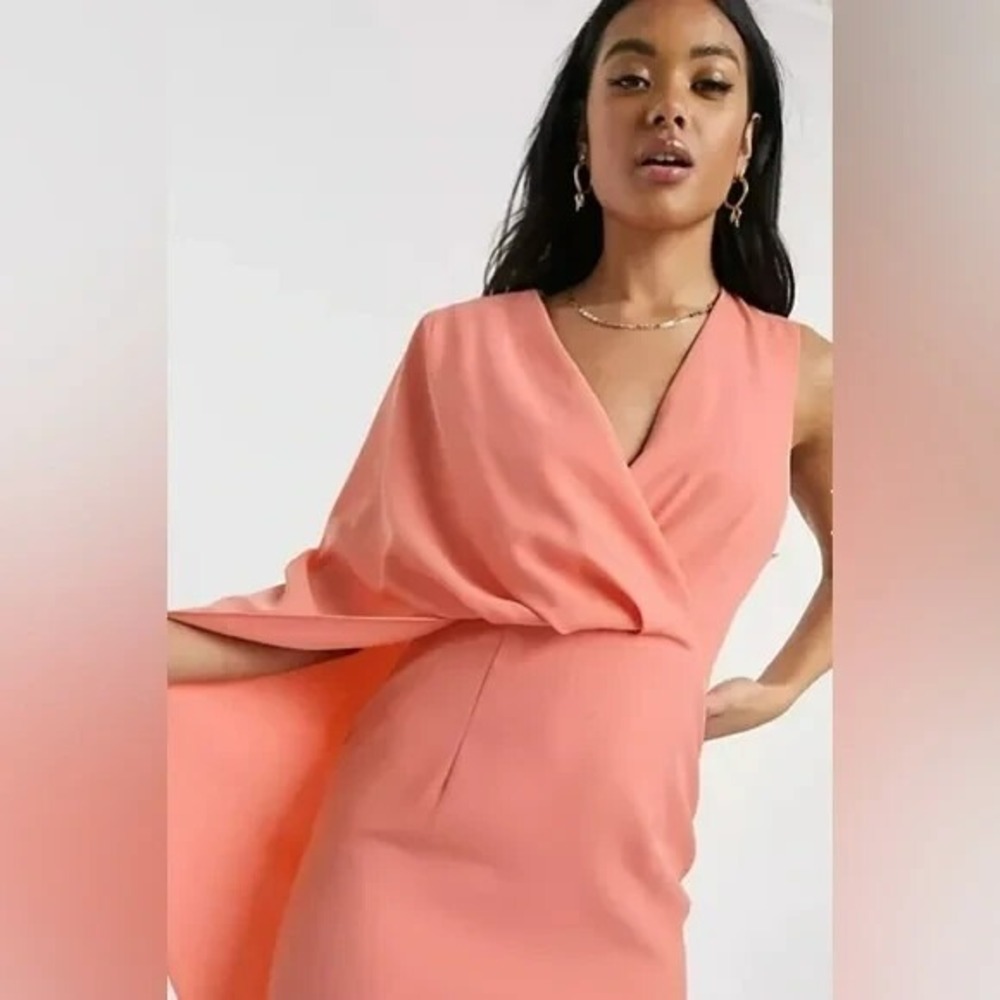 Lavish Alice Cape Midi Dress Size 10 Draped Coral Cocktail Wedding Guest Formal
